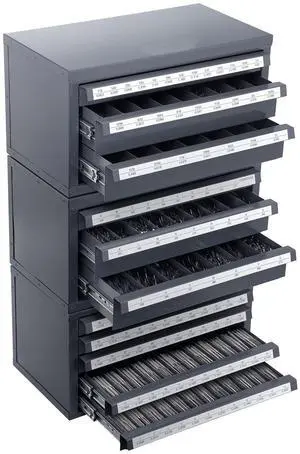 Drill Bit Dispenser Cabinet, 3 Pieces Three-Drawer for 1/16" to 1/2" & Letter Sizes A to Z, Five-Drawer Drill Bit Organizer for Wire Gauge Sizes #1 to #60, Stackable for Drill Bit Storage Drill Bit Dispenser Cabinet, 3 Pieces Three-Drawer for 1/16" to 1/2" & Letter Sizes A to Z, Five-Drawer Drill Bit Organizer for Wire Gauge Sizes #1 to #60, Stackable for Drill Bit Storage
