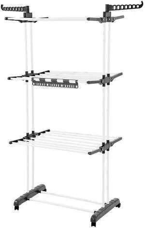 Clothes Drying Rack, 4-Tier Foldable Laundry Dryer Rack, Metal Drying Racks with 24 Drying Rods, Free-Standing and Portable Hanger with 4 Castors and Two Side Wings for Outdoor & Indoor Use Clothes Drying Rack, 4-Tier Foldable Laundry Dryer Rack, Metal Drying Racks with 24 Drying Rods, Free-Standing and Portable Hanger with 4 Castors and Two Side Wings for Outdoor & Indoor Use