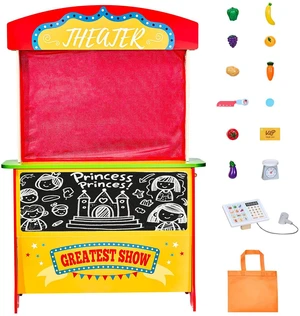 Wooden Puppet Theater 2-in-1 Reversible Play Store Kids Play Market Stand Wooden Puppet Theater 2-in-1 Reversible Play Store Kids Play Market Stand
