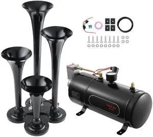 Train Horns Kit, 4 Trumpet Air Horn Kit, 150dB Train Horns for Pickup Trucks, 12V 120 psi Air Compressor 0.8 Gal/3 L Tank with Gauge for Any 12V Vehicle Car Truck Train Van Boat Train Horns Kit, 4 Trumpet Air Horn Kit, 150dB Train Horns for Pickup Trucks, 12V 120 psi Air Compressor 0.8 Gal/3 L Tank with Gauge for Any 12V Vehicle Car Truck Train Van Boat
