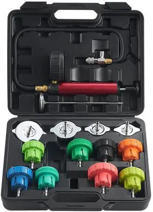 14 pcs Universal Radiator Pressure Tester Kit, Coolant Pressure Tester Kit with Manual Pump and Color-coded Steel Test Cap Adapters, with Toolbox, For Cars Motorcycles Trucks Cooling System 14 pcs Universal Radiator Pressure Tester Kit, Coolant Pressure Tester Kit with Manual Pump and Color-coded Steel Test Cap Adapters, with Toolbox, For Cars Motorcycles Trucks Cooling System