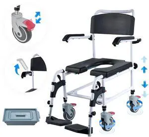 Shower Commode Wheelchair with 4 Lockable Wheels, Footrests, Flip-up Arms, 3-Level Adjustable Height, 5L Removable Bucket, 350 LBS Capacity, Commode Chair for Adults Seniors Shower Commode Wheelchair with 4 Lockable Wheels, Footrests, Flip-up Arms, 3-Level Adjustable Height, 5L Removable Bucket, 350 LBS Capacity, Commode Chair for Adults Seniors