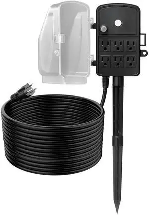 Outdoor Power Stake, 25 FT Extension Cord, Outdoor Power Strip Weatherproof with Cover and Overload Protection, 6 Outlets, 15A/1875W, Waterproof Multi-Outlet Yard Stake for Christmas Lights Outdoor Power Stake, 25 FT Extension Cord, Outdoor Power Strip Weatherproof with Cover and Overload Protection, 6 Outlets, 15A/1875W, Waterproof Multi-Outlet Yard Stake for Christmas Lights