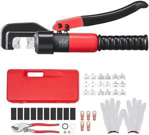 Hydraulic Crimping Tool with 9 Sets of Dies AWG12-2/0 Copper And Aluminum Terminal Battery Lug Crimper, with a Cutting Pliers, Gloves, 10pcs Copper Ring Connectors, 8pcs Heat Shrink Sleeves Hydraulic Crimping Tool with 9 Sets of Dies AWG12-2/0 Copper And Aluminum Terminal Battery Lug Crimper, with a Cutting Pliers, Gloves, 10pcs Copper Ring Connectors, 8pcs Heat Shrink Sleeves