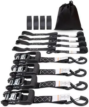 Ratchet Tie Down Straps (4PK), 5208 lb Max Break Strength, Includes 4 Premium 1.6" x 8' Rachet Tie Downs with Padded Handles, for Moving Securing Cargo, Appliances, Lawn Equipment, Motorcycle Ratchet Tie Down Straps (4PK), 5208 lb Max Break Strength, Includes 4 Premium 1.6" x 8' Rachet Tie Downs with Padded Handles, for Moving Securing Cargo, Appliances, Lawn Equipment, Motorcycle