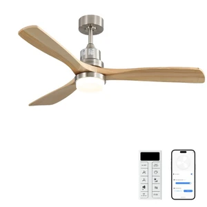 52 Inch Smart Ceiling Fan with Sand Nickel Finish 3 Natural Wood Blades LED 18W Triple Color Dimmable Memory Lighting and Remote Control 52 Inch Smart Ceiling Fan with Sand Nickel Finish 3 Natural Wood Blades LED 18W Triple Color Dimmable Memory Lighting and Remote Control