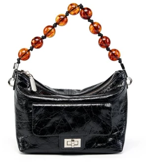 Genuine Leather Vintage Oil Wax Leather Pleated Handbag Black Genuine Leather Vintage Oil Wax Leather Pleated Handbag Black