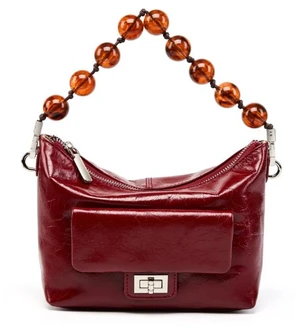 Genuine Leather Vintage Oil Wax Leather Pleated Handbag Red Genuine Leather Vintage Oil Wax Leather Pleated Handbag Red
