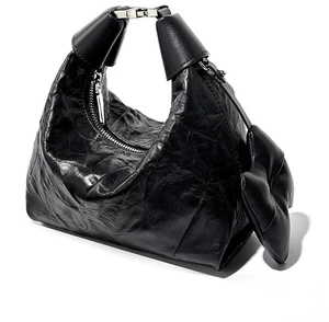 Women Wrinkled Cowhide Dumpling Bag Hand-held Diagonal Cross Bag Black Women Wrinkled Cowhide Dumpling Bag Hand-held Diagonal Cross Bag Black