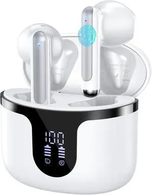 Wireless Earbuds, Bluetooth 5.4 Headphones HiFi Stereo with 4 HD Mic, 50H Playtime Bluetooth Earbuds with Dual LED Display, IPX7 Waterproof Wireless Earphones, Touch Control Ear Buds,USB-C,White Wireless Earbuds, Bluetooth 5.4 Headphones HiFi Stereo with 4 HD Mic, 50H Playtime Bluetooth Earbuds with Dual LED Display, IPX7 Waterproof Wireless Earphones, Touch Control Ear Buds,USB-C,White