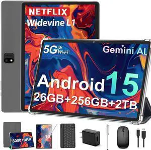 JJGJ 2026 Android 15 Tablet with Keyboard, 26GB+256GB, 2TB Expand, 10 Inch Tablet with Octa-Core, 8000mAh, 5G WiFi, BT5.0, Widevine L1, Gemini AI, 2-in-1 Tablets with Case, Mouse, Stylus(Silver Case) JJGJ 2026 Android 15 Tablet with Keyboard, 26GB+256GB, 2TB Expand, 10 Inch Tablet with Octa-Core, 8000mAh, 5G WiFi, BT5.0, Widevine L1, Gemini AI, 2-in-1 Tablets with Case, Mouse, Stylus(Silver Case)