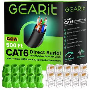 GEARit RJ45 Cat-6 Ethernet Patch Cable, DIY Bulk Kit (10 RJ45 & 10 Boot), 10Gpb Transfer Speed, Gold-Plated Connectors, Copper Clad, Outdoor, UV Resistant, Direct Burial, Waterproof, 500 Foot, Black GEARit RJ45 Cat-6 Ethernet Patch Cable, DIY Bulk Kit (10 RJ45 & 10 Boot), 10Gpb Transfer Speed, Gold-Plated Connectors, Copper Clad, Outdoor, UV Resistant, Direct Burial, Waterproof, 500 Foot, Black