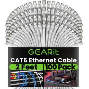 GEARit Cat 6 Ethernet Cable (100-Pack 2 Feet) Cat6 Network Patch, 10Gbps, RJ45, Snagless Cord, Gold-Plated Connectors, Internet for PC, TV, Tablet, Router, Printer, Servers, IT Data Center - White GEARit Cat 6 Ethernet Cable (100-Pack 2 Feet) Cat6 Network Patch, 10Gbps, RJ45, Snagless Cord, Gold-Plated Connectors, Internet for PC, TV, Tablet, Router, Printer, Servers, IT Data Center - White