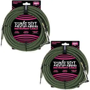 Ernie Ball Braided Instrument Cable Set Straight/Angle Length 25ft in Neon Green/Black (P06066) - Pack of 2 Ernie Ball Braided Instrument Cable Set Straight/Angle Length 25ft in Neon Green/Black (P06066) - Pack of 2