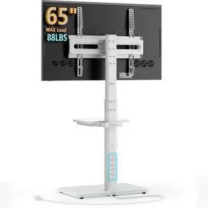 AX WABER Floor TV Stand with Power Outlet& Shelf, Universal TV Stand Mount for 27-65 inch TV up to 88lbs, 70 Degree Swivel 9 Level Height Adjustable with Tempered Glass Base for Bedroom, Office White AX WABER Floor TV Stand with Power Outlet& Shelf, Universal TV Stand Mount for 27-65 inch TV up to 88lbs, 70 Degree Swivel 9 Level Height Adjustable with Tempered Glass Base for Bedroom, Office White