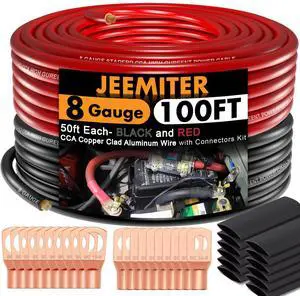 Jeemiter 8 AWG CCA Wire Kit 100ft (50ft Red & 50ft Black) - Power & Ground Cable with Lugs & Heat Shrink Tubing for Car Audio Subwoofer,Marine,RV,Solar,Battery Jeemiter 8 AWG CCA Wire Kit 100ft (50ft Red & 50ft Black) - Power & Ground Cable with Lugs & Heat Shrink Tubing for Car Audio Subwoofer,Marine,RV,Solar,Battery