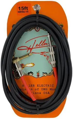 Heller Electric High-Standard Instrument Cable, 15ft, Electric Guitar & Bass, Straight-to-Right-Angle 1/4" Plugs, 24AWG OFC, Shielded, Professional, Black Heller Electric High-Standard Instrument Cable, 15ft, Electric Guitar & Bass, Straight-to-Right-Angle 1/4" Plugs, 24AWG OFC, Shielded, Professional, Black