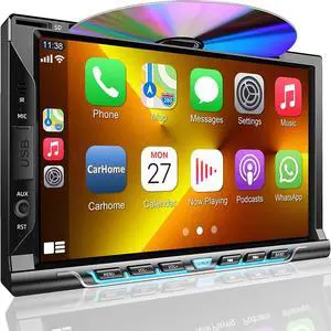 Double Din Car Stereo with CD/DVD Player, Apple CarPlay/Android Auto 7 Double din Radio with Backup Camera, Mirror Link, Bluetooth, AM FM Radio Receiver, SWC, Subwoofer, USB/TF/AUX Double Din Car Stereo with CD/DVD Player, Apple CarPlay/Android Auto 7 Double din Radio with Backup Camera, Mirror Link, Bluetooth, AM FM Radio Receiver, SWC, Subwoofer, USB/TF/AUX