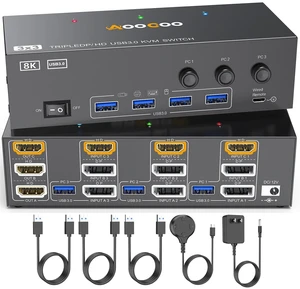 HDMI DP KVM Switch 3 Monitors 3 Computers,8K@60Hz/4K@144Hz Triple Monitor KVM Switches for 3 PC Sharing 3 Monitors, Keyboard and Mouse,with USB Cables,Controller and Power Adapter HDMI DP KVM Switch 3 Monitors 3 Computers,8K@60Hz/4K@144Hz Triple Monitor KVM Switches for 3 PC Sharing 3 Monitors, Keyboard and Mouse,with USB Cables,Controller and Power Adapter