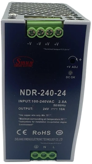 NDR-240-24 240W 24V 10A Single-Output DIN-Rail Industrial Power Supply, Ideal for PLCs, Industrial Automation, Sensors and Control Equipment NDR-240-24 240W 24V 10A Single-Output DIN-Rail Industrial Power Supply, Ideal for PLCs, Industrial Automation, Sensors and Control Equipment
