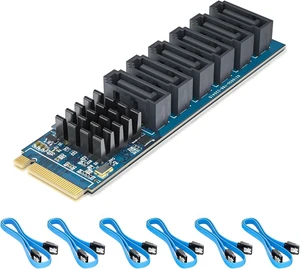 H!Fiber M.2 (M Key) to 6xSATA Card with 6 SATA Cables, SATA3.0, NO-Riad, ASMedia ASM1166 chip, for Desktop PC Support SSD and HDD, Windows and Linux Compatible H!Fiber M.2 (M Key) to 6xSATA Card with 6 SATA Cables, SATA3.0, NO-Riad, ASMedia ASM1166 chip, for Desktop PC Support SSD and HDD, Windows and Linux Compatible