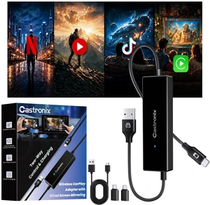Castronix 4-in-1 Wireless CarPlay Adapter for iPhone 15/16/17 & Newer, Wired Video Streaming, Screen Mirroring, Two-Way Control & Charging, Plug & Play for Factory Wired CarPlay (Black) Castronix 4-in-1 Wireless CarPlay Adapter for iPhone 15/16/17 & Newer, Wired Video Streaming, Screen Mirroring, Two-Way Control & Charging, Plug & Play for Factory Wired CarPlay (Black)