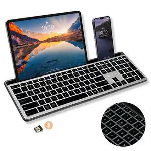 Full Size Bluetooth Keyboard with Phone Holder - Backlit Wireless Keyboard, Switch Multi Device, Quiet, Slim, Rechargeable, w/Copilot for iPhone, Tablet, PC, Mac, iPad, MacBook, iOS, Android - Gray Full Size Bluetooth Keyboard with Phone Holder - Backlit Wireless Keyboard, Switch Multi Device, Quiet, Slim, Rechargeable, w/Copilot for iPhone, Tablet, PC, Mac, iPad, MacBook, iOS, Android - Gray