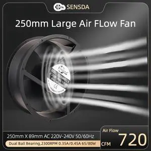 25cm Axial Fan, 254mm x 89mm, AC 220V 50/60Hz, 2300 RPM, 720 CFM, Dual Ball Bearings, Metal Frame, PBT Blades 25cm Axial Fan, 254mm x 89mm, AC 220V 50/60Hz, 2300 RPM, 720 CFM, Dual Ball Bearings, Metal Frame, PBT Blades