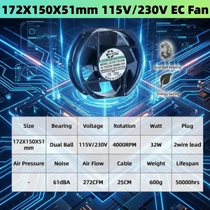 High-efficiency EC cooling fan | Brushless motor | High speed | 17251 115V 230V universal voltage | Long-life dual ball bearing High-efficiency EC cooling fan | Brushless motor | High speed | 17251 115V 230V universal voltage | Long-life dual ball bearing