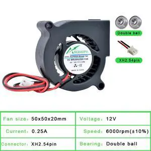 ACP5020 - Blower Fan 5cm 50mm Fan 50x50x20mm DC 12V 2-ball 6000rpm Turbine Blower Cooling Fan, Suitable for Projectors and 3D Printers ACP5020 - Blower Fan 5cm 50mm Fan 50x50x20mm DC 12V 2-ball 6000rpm Turbine Blower Cooling Fan, Suitable for Projectors and 3D Printers