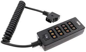 D-Tap male to 4-port D-Tap female spiral splitter cable, suitable for V-type batteries, with switch button and USB port. D-Tap male to 4-port D-Tap female spiral splitter cable, suitable for V-type batteries, with switch button and USB port.