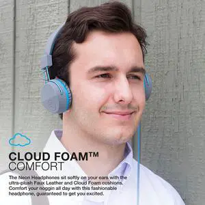 Neon On-Ear Wired Headphones, Graphite/Blue, Feather Light, Ultra-Plush Eco Leather, 40mm Drivers, Guaranteed for Life Neon On-Ear Wired Headphones, Graphite/Blue, Feather Light, Ultra-Plush Eco Leather, 40mm Drivers, Guaranteed for Life