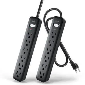 6-Outlet Power Strip, 2-Pack, 2-Foot Short Extension Cord with Multiple Outlets, 6 AC Power Outlet Power Bar, 2pk Power Strips, Black 6-Outlet Power Strip, 2-Pack, 2-Foot Short Extension Cord with Multiple Outlets, 6 AC Power Outlet Power Bar, 2pk Power Strips, Black