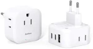 2 Pack Travel Plug Adapter with 3 Outlets 3 USB Charging Ports (2 USB C), Type C Adapter Travel Essentials to Most Europe EU Spain Italy France Germany Iceland 2 Pack Travel Plug Adapter with 3 Outlets 3 USB Charging Ports (2 USB C), Type C Adapter Travel Essentials to Most Europe EU Spain Italy France Germany Iceland