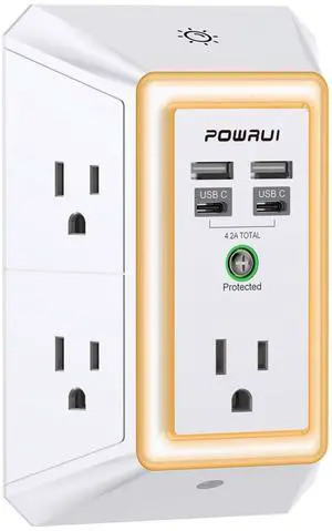 3-Sided Outlet Extender with Night Light - Multi Plug Outlet with 5 Outlets and 4 USB Ports(2 USB-C), USB Wall Charger for Home, Office, Travel, ETL Listed, White 3-Sided Outlet Extender with Night Light - Multi Plug Outlet with 5 Outlets and 4 USB Ports(2 USB-C), USB Wall Charger for Home, Office, Travel, ETL Listed, White