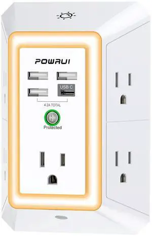 3-Sided Outlet Extender with Night Light - Multi Plug Outlet with 5 Outlets and 4 USB Ports(1 USB-C), USB Wall Charger for Home, Office, Travel, ETL Listed, White 3-Sided Outlet Extender with Night Light - Multi Plug Outlet with 5 Outlets and 4 USB Ports(1 USB-C), USB Wall Charger for Home, Office, Travel, ETL Listed, White