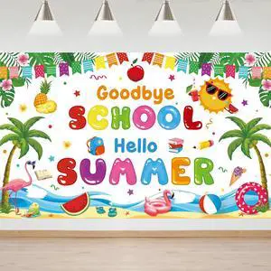 Goodbye School Hello Summer Banner, White School's Out for The Summer Backdrop End of School Background Bye School Hello Summer Decorations Banner, 71 x 43 Inch Goodbye School Hello Summer Banner, White School's Out for The Summer Backdrop End of School Background Bye School Hello Summer Decorations Banner, 71 x 43 Inch