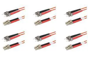 6-Pack 1 Foot ST to LC Fiber Optic Patch Cable, Red and Black Boots, Corning InfiniCor Multimode OM1 62.5/125um Optical Fiber, Duplex Orange Riser OFNR Cable Jacket 6-Pack 1 Foot ST to LC Fiber Optic Patch Cable, Red and Black Boots, Corning InfiniCor Multimode OM1 62.5/125um Optical Fiber, Duplex Orange Riser OFNR Cable Jacket