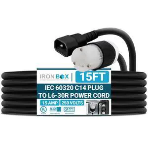 IronBox Electric - IEC 60320 C14 Plug to L6-30R Connector Power Cord - Rated for 15A/250V/14 AWG - Cable for Server Racks or Data Centers - Ideal for Industrial & Commercial Applications (15 Feet) IronBox Electric - IEC 60320 C14 Plug to L6-30R Connector Power Cord - Rated for 15A/250V/14 AWG - Cable for Server Racks or Data Centers - Ideal for Industrial & Commercial Applications (15 Feet)