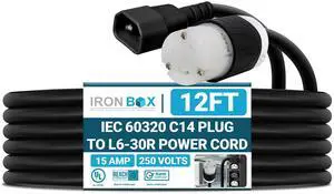 IronBox Electric - IEC 60320 C14 Plug to L6-30R Connector Power Cord - Rated for 15A/250V/14 AWG - Cable for Server Racks or Data Centers - Ideal for Industrial & Commercial Applications (12 Feet) IronBox Electric - IEC 60320 C14 Plug to L6-30R Connector Power Cord - Rated for 15A/250V/14 AWG - Cable for Server Racks or Data Centers - Ideal for Industrial & Commercial Applications (12 Feet)