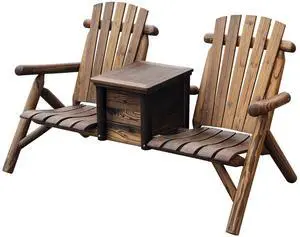 Double Wooden Adirondack Chair with Ice Bucket, Outdoor Loveseat with High Backrest, Smooth Armrest, Rustic Brown Double Wooden Adirondack Chair with Ice Bucket, Outdoor Loveseat with High Backrest, Smooth Armrest, Rustic Brown