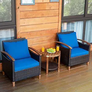 3 Pieces Patio Furniture Set, Outdoor Rattan Sofa and Side Table w/Solid Acacia Wood Frame, High Load Bearing Conversation Bistro Set w/Washable and Removable Cushions (Navy Blue) 3 Pieces Patio Furniture Set, Outdoor Rattan Sofa and Side Table w/Solid Acacia Wood Frame, High Load Bearing Conversation Bistro Set w/Washable and Removable Cushions (Navy Blue)