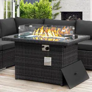 Wicker Propane Fire Pit Table, 60000 BTU Large Natural Gas Firepit Tables, 43'' Rectangle CSA Fireplaces for Deck Backyard, Fire Table with Windguard&Glass Rocks&Cover, Gray Wicker Propane Fire Pit Table, 60000 BTU Large Natural Gas Firepit Tables, 43'' Rectangle CSA Fireplaces for Deck Backyard, Fire Table with Windguard&Glass Rocks&Cover, Gray