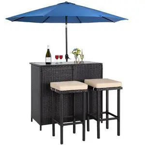 3-Piece Wicker Outdoor Furniture Bar Set, 2 Stools and 1 Glass Top Table, Large-Capacity Storage Space Brown Wicker Patio Bar Table with 9Ft Blue Round Patio Umbrella 3-Piece Wicker Outdoor Furniture Bar Set, 2 Stools and 1 Glass Top Table, Large-Capacity Storage Space Brown Wicker Patio Bar Table with 9Ft Blue Round Patio Umbrella