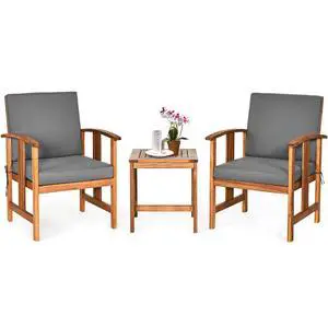 3 Pieces Patio Furniture Set, Includes Set of 2 Outdoor Acacia Wood Cushioned Chairs and Coffee Table, for Garden, Backyard, Poolside, Bistro and Deck, Patio Conversation Chat Set (Gray) 3 Pieces Patio Furniture Set, Includes Set of 2 Outdoor Acacia Wood Cushioned Chairs and Coffee Table, for Garden, Backyard, Poolside, Bistro and Deck, Patio Conversation Chat Set (Gray)