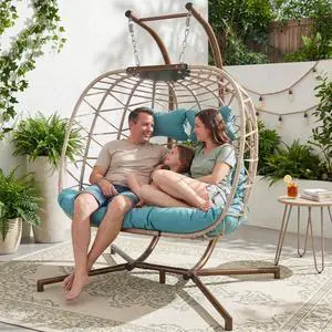 Double Egg Chair Outdoor Indoor, Oversized 2 Person Swing with Stand, All-Weather Wicker Large Hanging Loveseat, Heavy Duty Patio Swinging Seat with Cushion for Balcony, Beige & Teal Double Egg Chair Outdoor Indoor, Oversized 2 Person Swing with Stand, All-Weather Wicker Large Hanging Loveseat, Heavy Duty Patio Swinging Seat with Cushion for Balcony, Beige & Teal