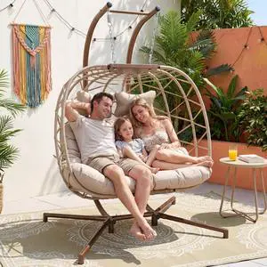 Double Egg Chair Outdoor Indoor, Oversized 2 Person Swing with Stand, All-Weather Large Wicker Hanging Loveseat, Heavy Duty Patio Swinging Seat w/Cushion for Balcony, Beige Double Egg Chair Outdoor Indoor, Oversized 2 Person Swing with Stand, All-Weather Large Wicker Hanging Loveseat, Heavy Duty Patio Swinging Seat w/Cushion for Balcony, Beige