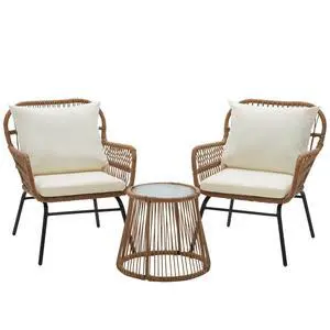 3-Piece Patio Conversation Bistro Set, Outdoor All-Weather Wicker Balcony Furniture with Tempered Glass Top Table & 2 Wide Ergonomic Armchairs, Seat Cushions for Porch, Backyard, White 3-Piece Patio Conversation Bistro Set, Outdoor All-Weather Wicker Balcony Furniture with Tempered Glass Top Table & 2 Wide Ergonomic Armchairs, Seat Cushions for Porch, Backyard, White