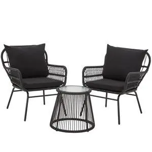 3-Piece Patio Conversation Bistro Set, Outdoor All-Weather Wicker Balcony Furniture with Tempered Glass Top Table & 2 Wide Ergonomic Armchairs, Seat Cushions for Porch Backyard, Black 3-Piece Patio Conversation Bistro Set, Outdoor All-Weather Wicker Balcony Furniture with Tempered Glass Top Table & 2 Wide Ergonomic Armchairs, Seat Cushions for Porch Backyard, Black