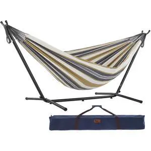 Double Cotton Hammock with Space Saving Steel Stand, Upgraded Polyester End Strings 450 lb Capacity - Premium Carry Bag Included (Desert Moon) Double Cotton Hammock with Space Saving Steel Stand, Upgraded Polyester End Strings 450 lb Capacity - Premium Carry Bag Included (Desert Moon)
